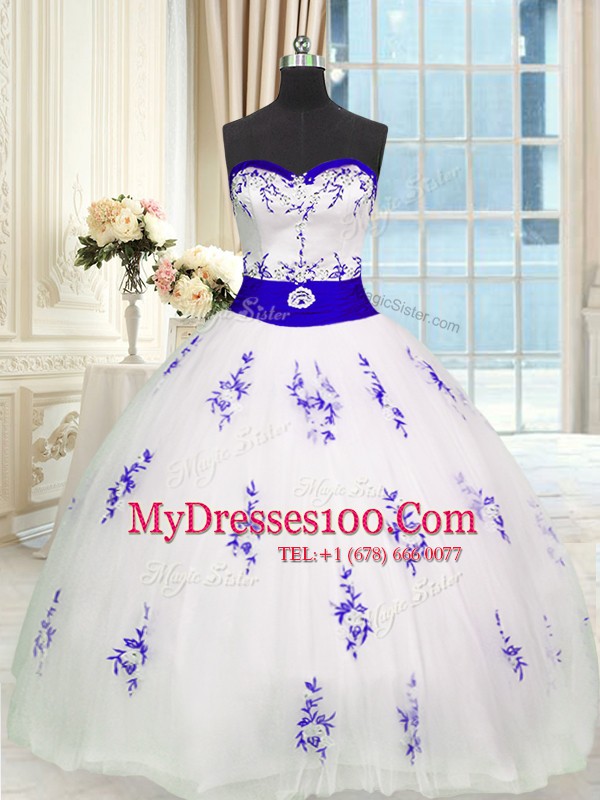 Floor Length White 15 Quinceanera Dress Tulle Sleeveless Embroidery and Belt
