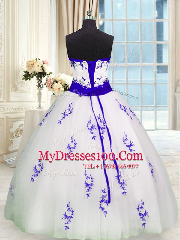 Floor Length White 15 Quinceanera Dress Tulle Sleeveless Embroidery and Belt
