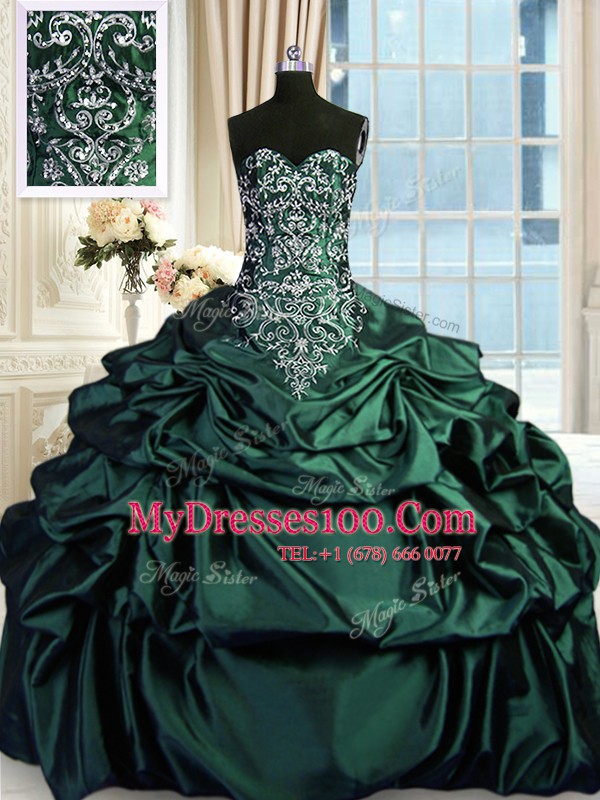 Taffeta Sleeveless Floor Length Sweet 16 Quinceanera Dress and Beading and Embroidery and Pick Ups