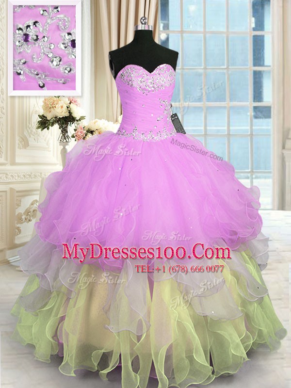 Cheap Organza Sleeveless Floor Length Quinceanera Gown and Appliques and Ruffled Layers