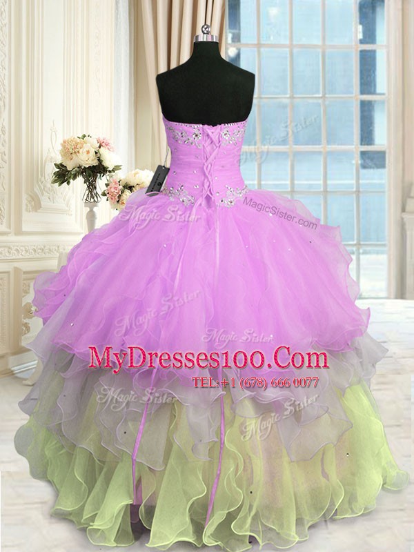 Cheap Organza Sleeveless Floor Length Quinceanera Gown and Appliques and Ruffled Layers