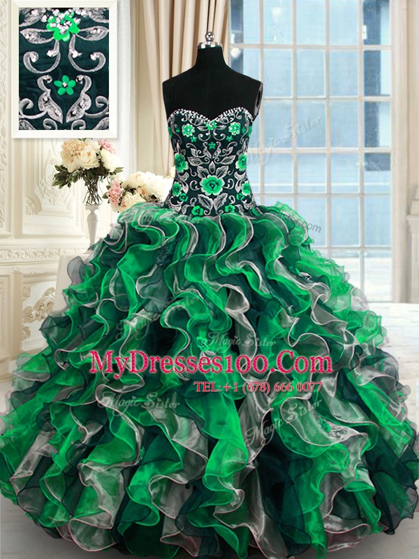Vintage Floor Length Lace Up Sweet 16 Dress Multi-color for Military Ball and Sweet 16 and Quinceanera with Beading and Ruffles