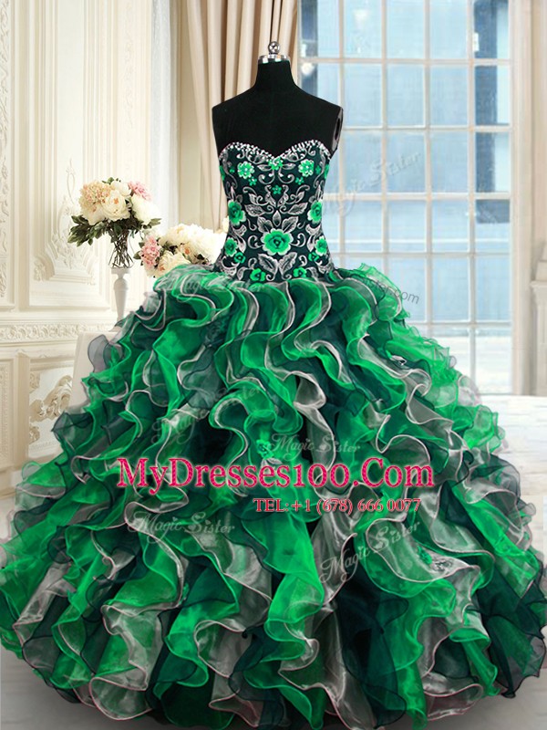 Vintage Floor Length Lace Up Sweet 16 Dress Multi-color for Military Ball and Sweet 16 and Quinceanera with Beading and Ruffles