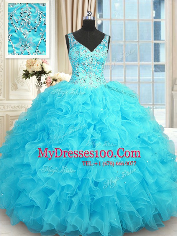 Shining Baby Blue Sweet 16 Quinceanera Dress Military Ball and Sweet 16 and Quinceanera and For with Beading and Ruffles V-neck Sleeveless Zipper