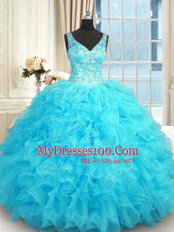 Shining Baby Blue Sweet 16 Quinceanera Dress Military Ball and Sweet 16 and Quinceanera and For with Beading and Ruffles V-neck Sleeveless Zipper