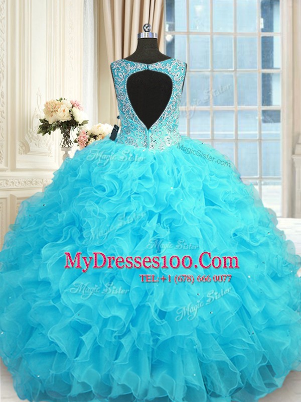 Shining Baby Blue Sweet 16 Quinceanera Dress Military Ball and Sweet 16 and Quinceanera and For with Beading and Ruffles V-neck Sleeveless Zipper