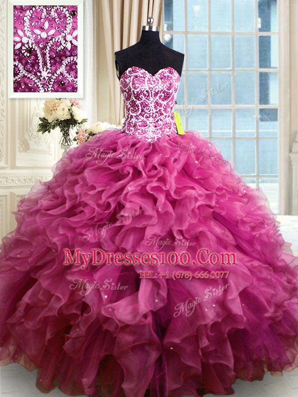Luxury Floor Length Fuchsia 15th Birthday Dress Organza Sleeveless Beading and Ruffles
