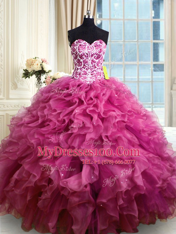 Luxury Floor Length Fuchsia 15th Birthday Dress Organza Sleeveless Beading and Ruffles