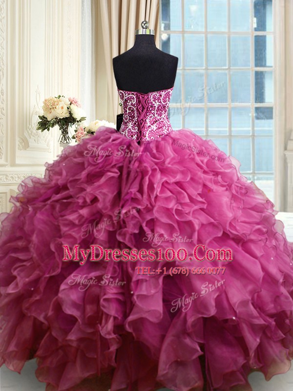 Luxury Floor Length Fuchsia 15th Birthday Dress Organza Sleeveless Beading and Ruffles