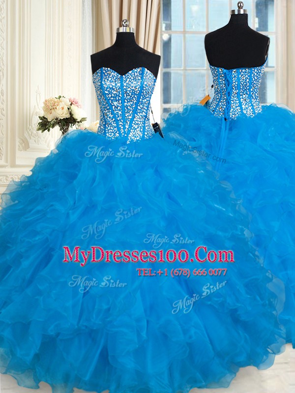 Admirable Baby Blue Ball Gowns Sweetheart Sleeveless Organza Floor Length Lace Up Beading and Ruffles Sweet 16 Quinceanera Dress