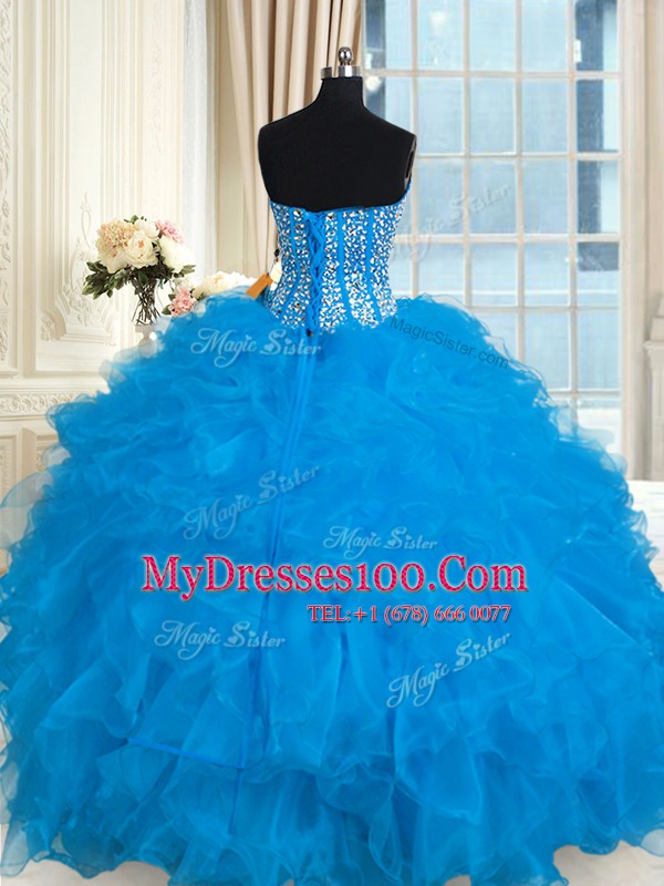 Admirable Baby Blue Ball Gowns Sweetheart Sleeveless Organza Floor Length Lace Up Beading and Ruffles Sweet 16 Quinceanera Dress