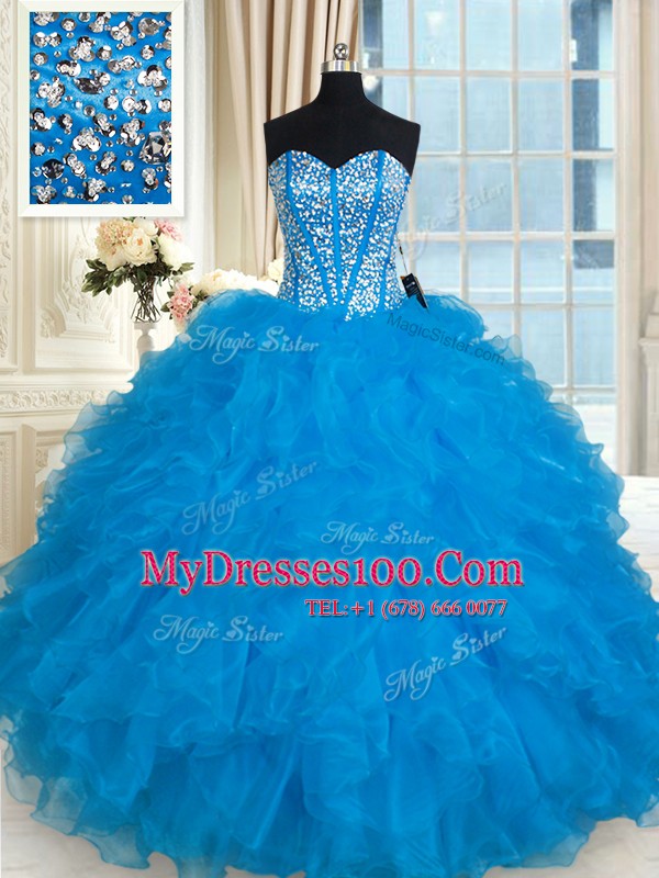 Admirable Baby Blue Ball Gowns Sweetheart Sleeveless Organza Floor Length Lace Up Beading and Ruffles Sweet 16 Quinceanera Dress