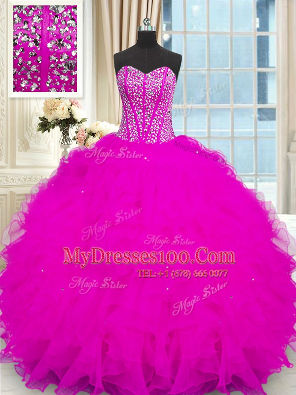Beading and Ruffles Quince Ball Gowns Fuchsia Lace Up Sleeveless Floor Length
