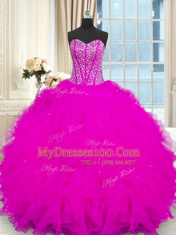 Beading and Ruffles Quince Ball Gowns Fuchsia Lace Up Sleeveless Floor Length