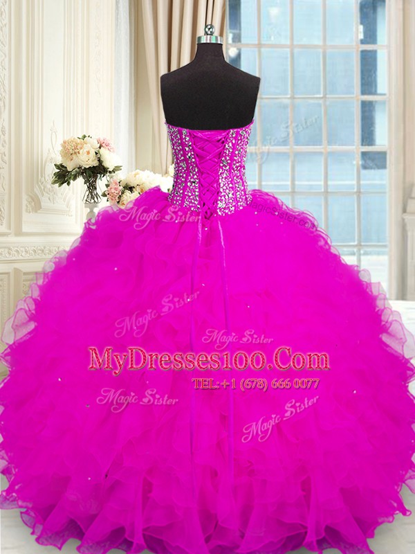 Beading and Ruffles Quince Ball Gowns Fuchsia Lace Up Sleeveless Floor Length