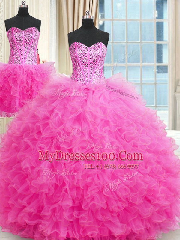 Fine Three Piece Floor Length Ball Gowns Sleeveless Rose Pink Quinceanera Dresses Lace Up