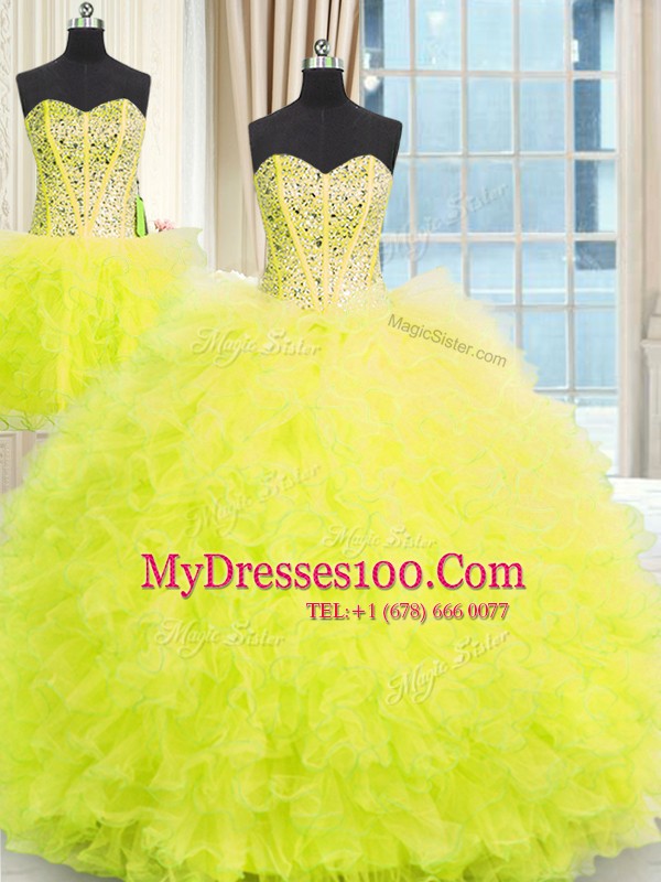 Three Piece Floor Length Yellow 15 Quinceanera Dress Tulle Sleeveless Beading and Ruffles