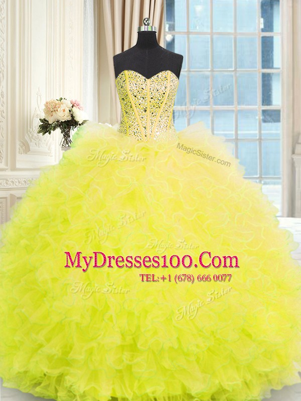 Three Piece Floor Length Yellow 15 Quinceanera Dress Tulle Sleeveless Beading and Ruffles