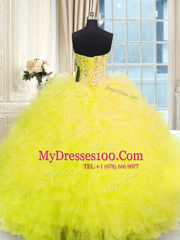 Three Piece Floor Length Yellow 15 Quinceanera Dress Tulle Sleeveless Beading and Ruffles