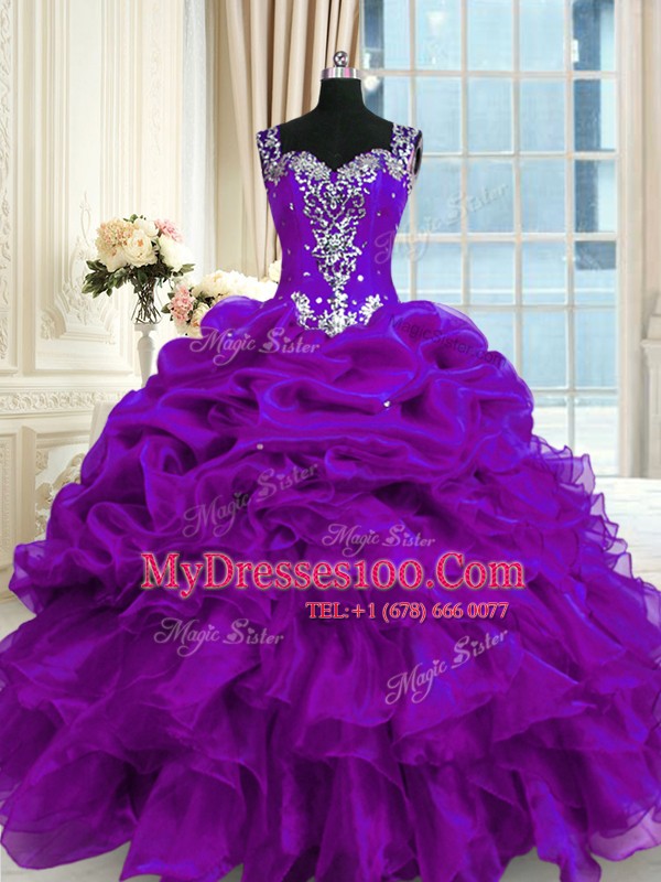 Sumptuous Sleeveless Lace Up Floor Length Beading and Ruffles and Pick Ups Vestidos de Quinceanera