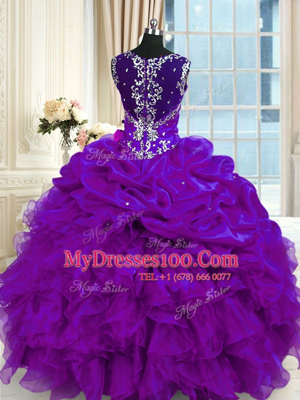 Sumptuous Sleeveless Lace Up Floor Length Beading and Ruffles and Pick Ups Vestidos de Quinceanera