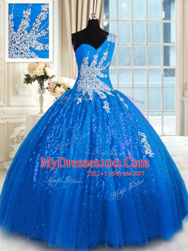 One Shoulder Appliques Vestidos de Quinceanera Blue Lace Up Sleeveless Floor Length