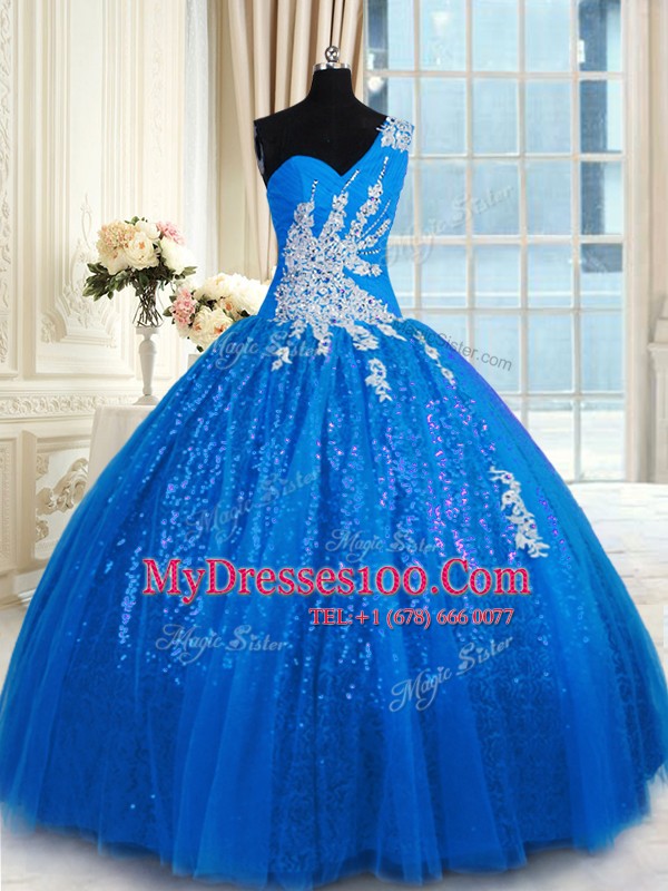 One Shoulder Appliques Vestidos de Quinceanera Blue Lace Up Sleeveless Floor Length
