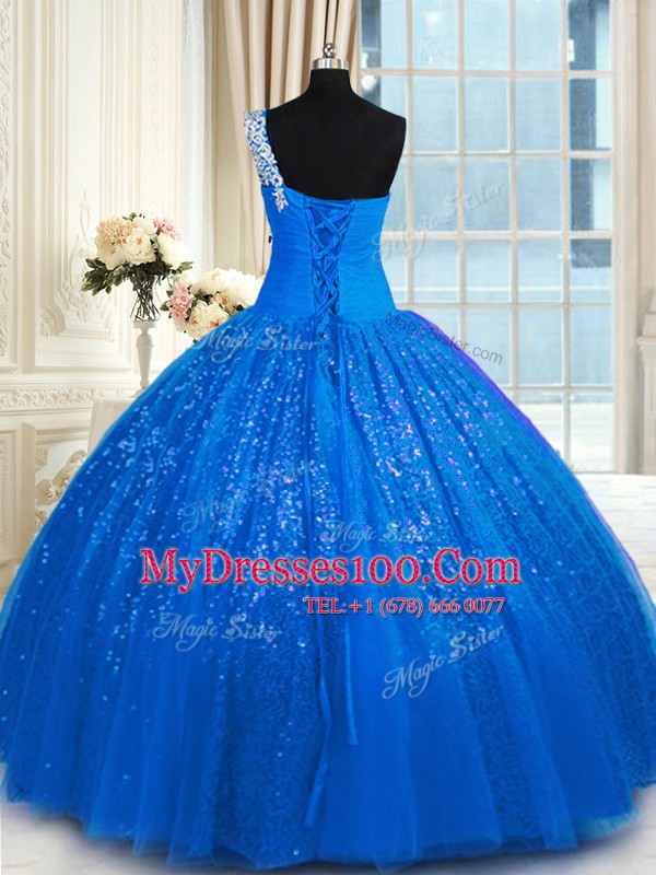 One Shoulder Appliques Vestidos de Quinceanera Blue Lace Up Sleeveless Floor Length