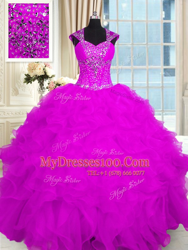 Custom Designed Fuchsia Cap Sleeves Beading and Ruffles Floor Length Quinceanera Gowns