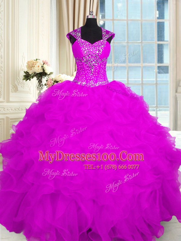 Custom Designed Fuchsia Cap Sleeves Beading and Ruffles Floor Length Quinceanera Gowns