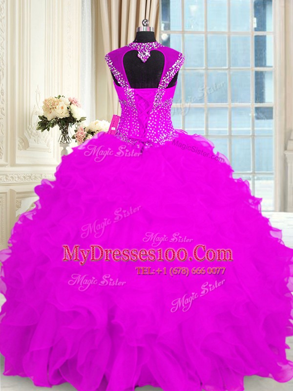 Custom Designed Fuchsia Cap Sleeves Beading and Ruffles Floor Length Quinceanera Gowns