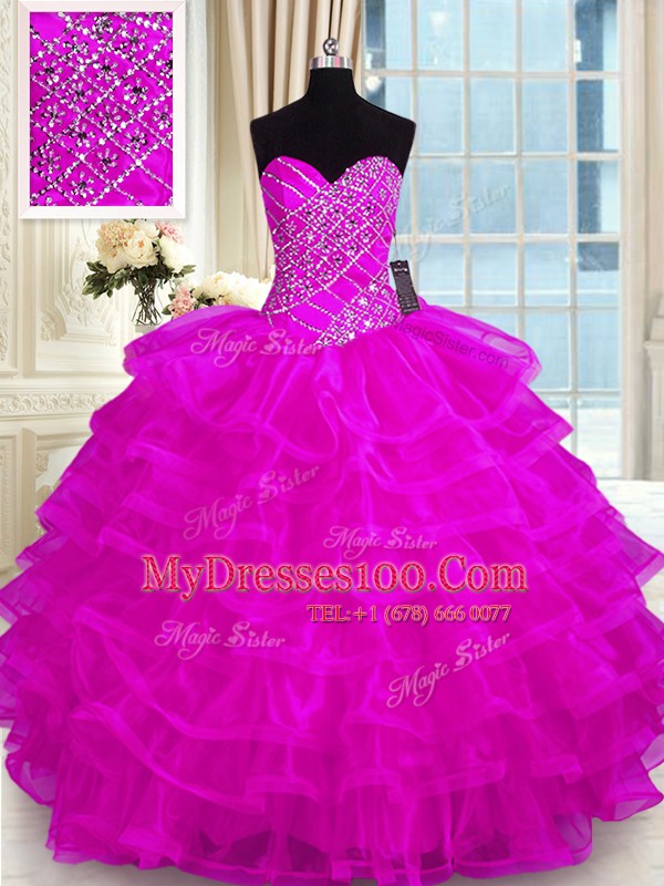 Gorgeous Fuchsia Organza Lace Up 15 Quinceanera Dress Sleeveless Floor Length Beading and Ruffled Layers