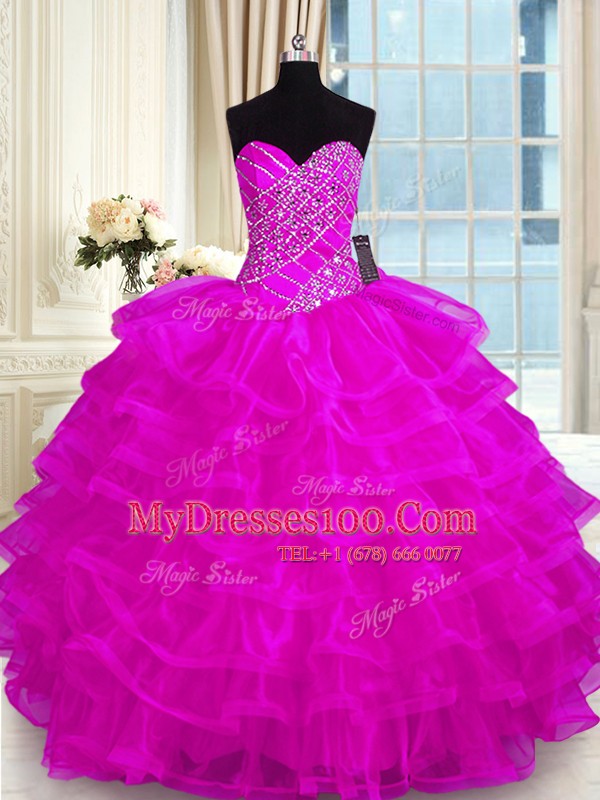 Gorgeous Fuchsia Organza Lace Up 15 Quinceanera Dress Sleeveless Floor Length Beading and Ruffled Layers