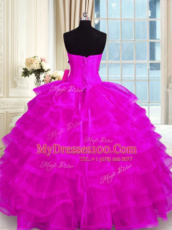 Gorgeous Fuchsia Organza Lace Up 15 Quinceanera Dress Sleeveless Floor Length Beading and Ruffled Layers