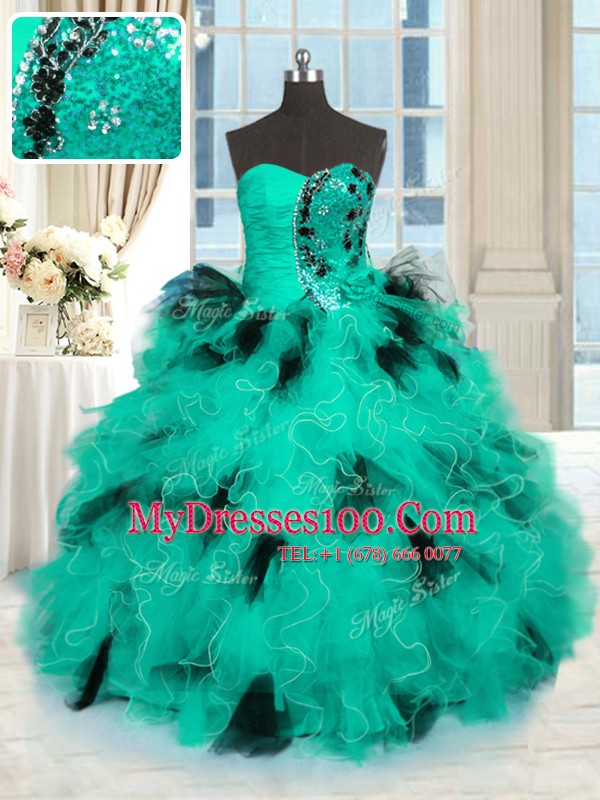 Turquoise Lace Up Quinceanera Dress Beading and Ruffles Sleeveless Floor Length