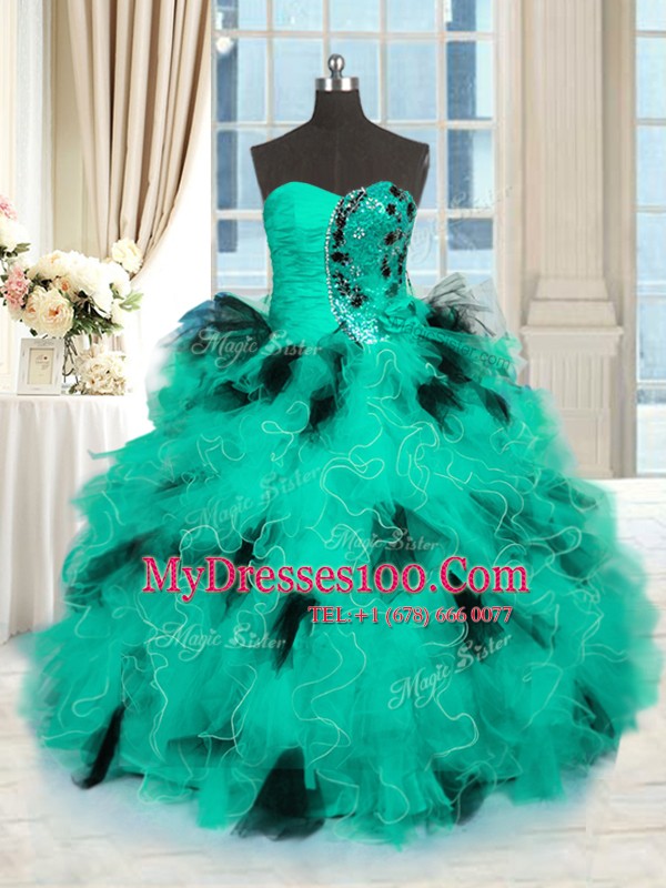 Turquoise Lace Up Quinceanera Dress Beading and Ruffles Sleeveless Floor Length