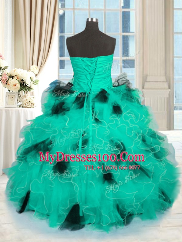 Turquoise Lace Up Quinceanera Dress Beading and Ruffles Sleeveless Floor Length