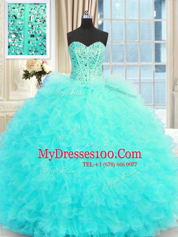Fitting Aqua Blue Sleeveless Floor Length Beading and Ruffles Lace Up Quinceanera Dress