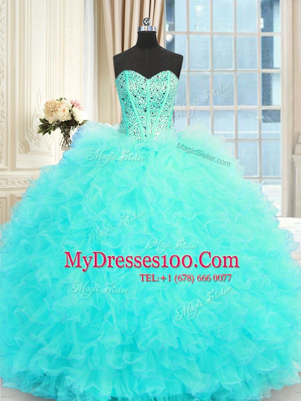Fitting Aqua Blue Sleeveless Floor Length Beading and Ruffles Lace Up Quinceanera Dress