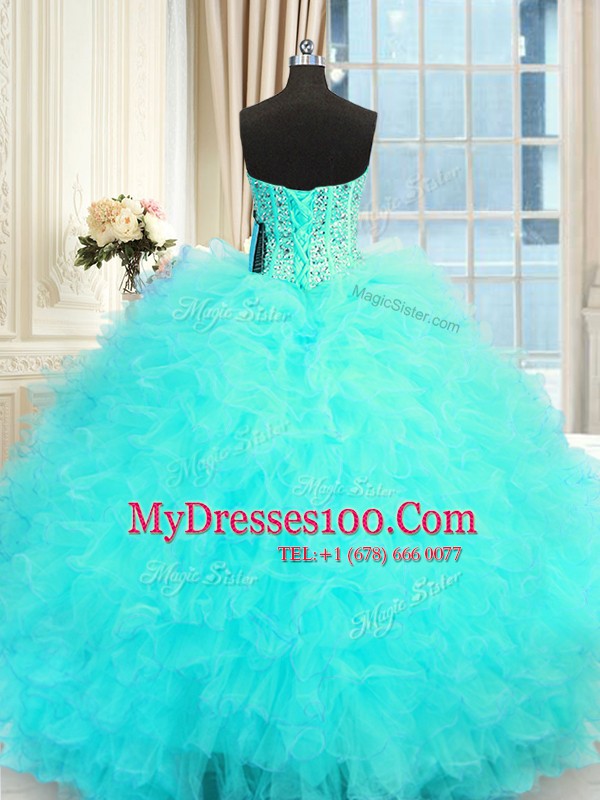 Fitting Aqua Blue Sleeveless Floor Length Beading and Ruffles Lace Up Quinceanera Dress