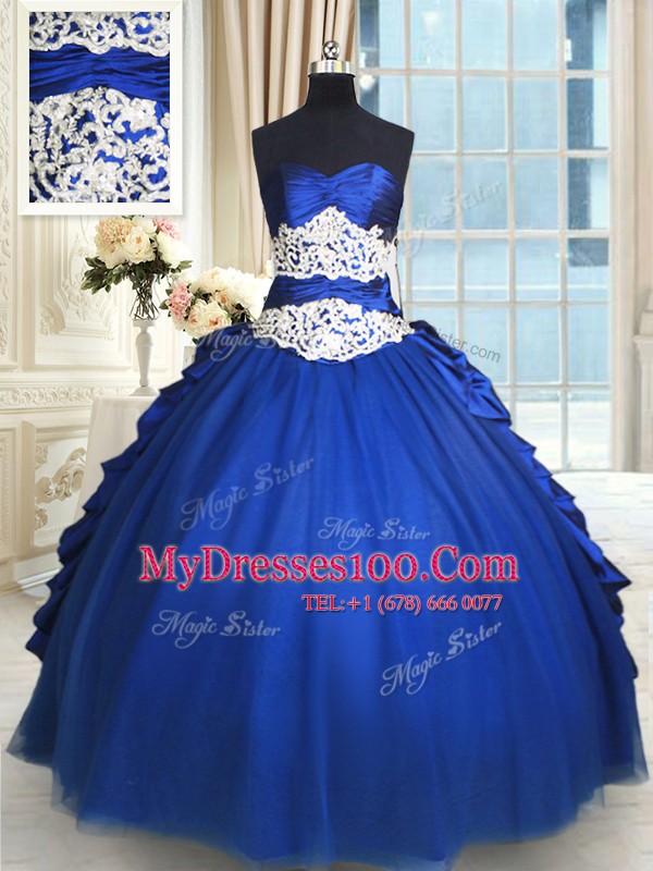 Superior Sleeveless Floor Length Beading and Lace and Appliques and Ruffles and Pick Ups Lace Up Sweet 16 Quinceanera Dress with Royal Blue