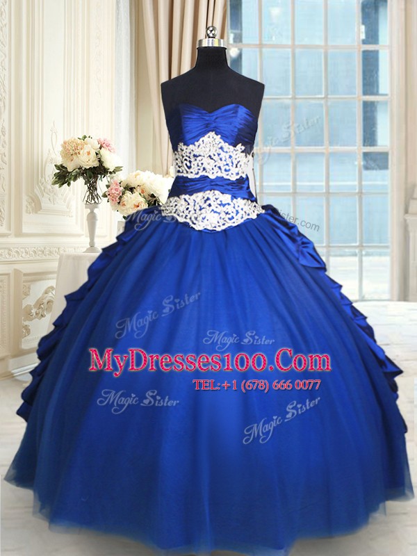 Superior Sleeveless Floor Length Beading and Lace and Appliques and Ruffles and Pick Ups Lace Up Sweet 16 Quinceanera Dress with Royal Blue