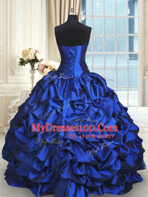 Superior Sleeveless Floor Length Beading and Lace and Appliques and Ruffles and Pick Ups Lace Up Sweet 16 Quinceanera Dress with Royal Blue