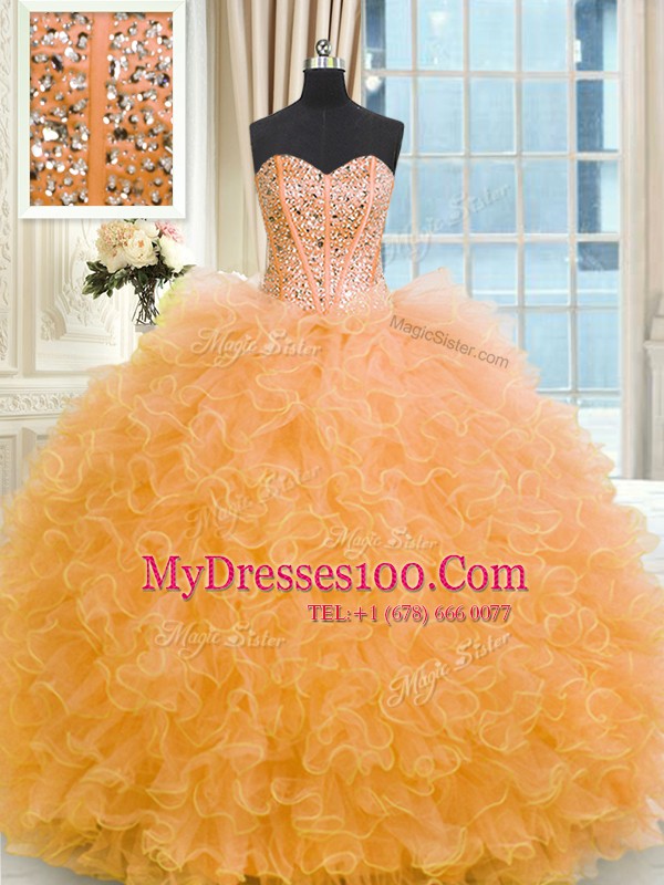 Modest Orange Sleeveless Floor Length Beading and Ruffles Lace Up Quince Ball Gowns