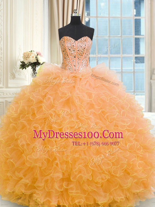Modest Orange Sleeveless Floor Length Beading and Ruffles Lace Up Quince Ball Gowns