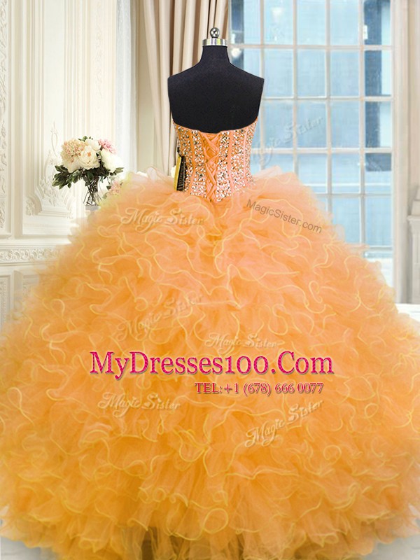 Modest Orange Sleeveless Floor Length Beading and Ruffles Lace Up Quince Ball Gowns