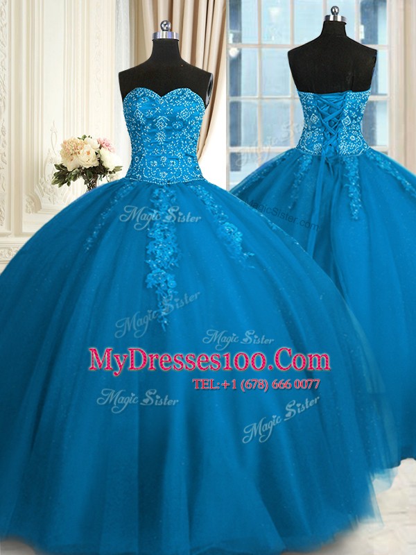 Luxury Teal Ball Gowns Sweetheart Sleeveless Tulle Floor Length Lace Up Appliques and Embroidery Quinceanera Gowns