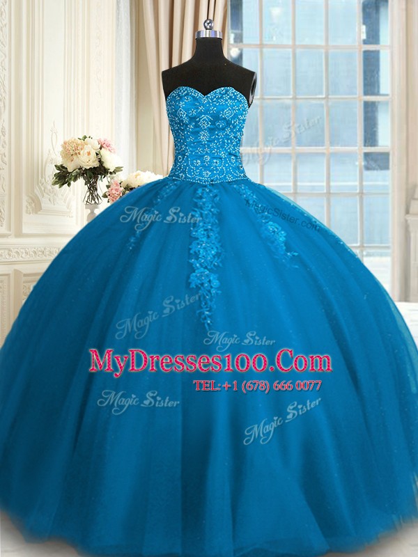 Luxury Teal Ball Gowns Sweetheart Sleeveless Tulle Floor Length Lace Up Appliques and Embroidery Quinceanera Gowns