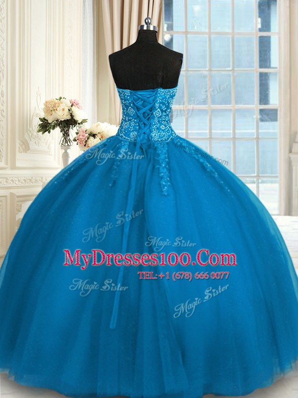 Luxury Teal Ball Gowns Sweetheart Sleeveless Tulle Floor Length Lace Up Appliques and Embroidery Quinceanera Gowns