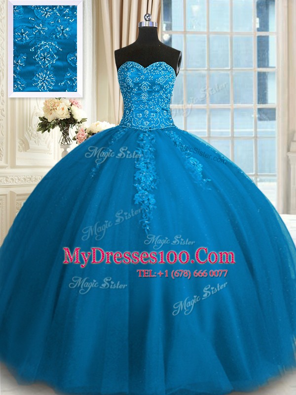 Luxury Teal Ball Gowns Sweetheart Sleeveless Tulle Floor Length Lace Up Appliques and Embroidery Quinceanera Gowns